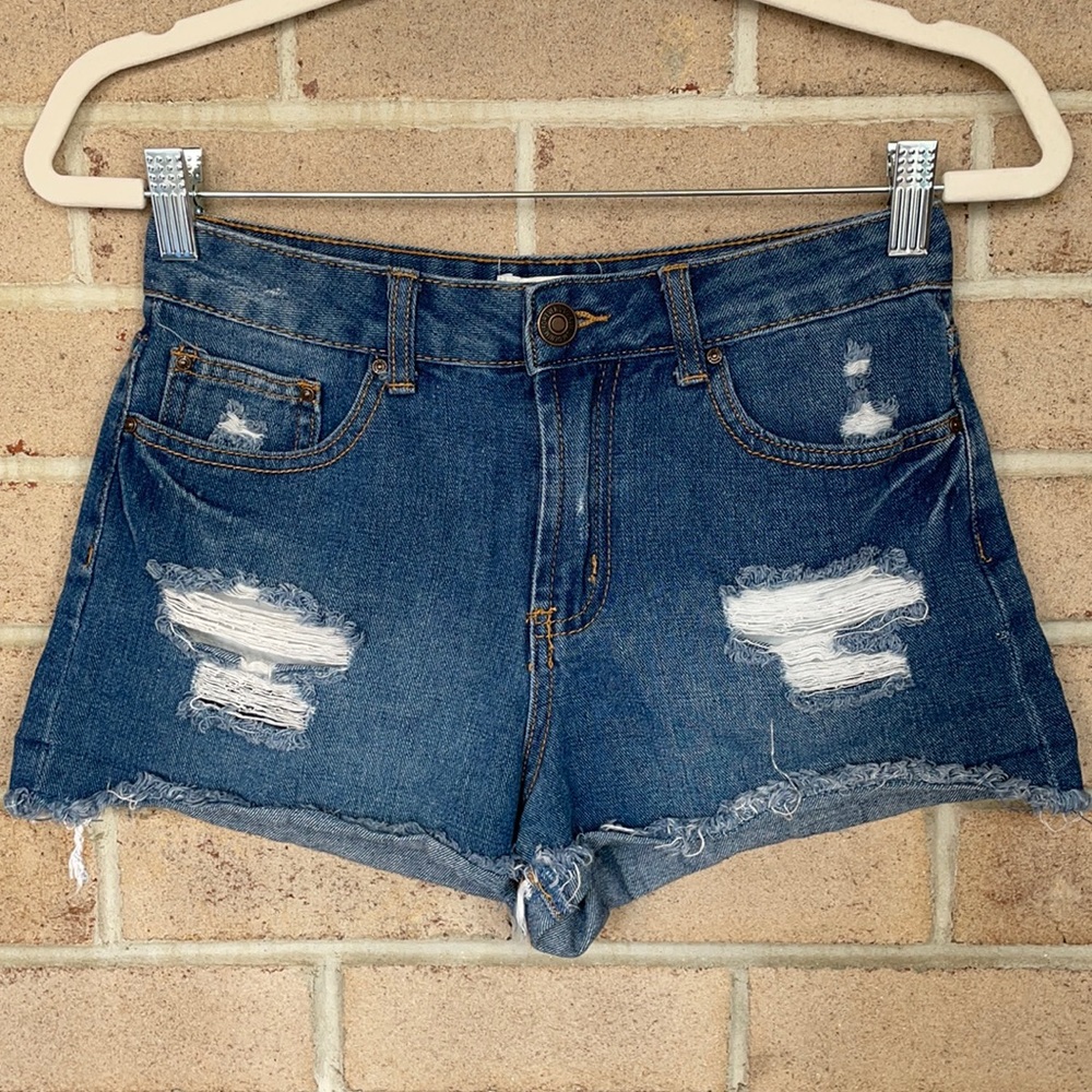 Medium Wash High-Rise Distressed Jean Shorts